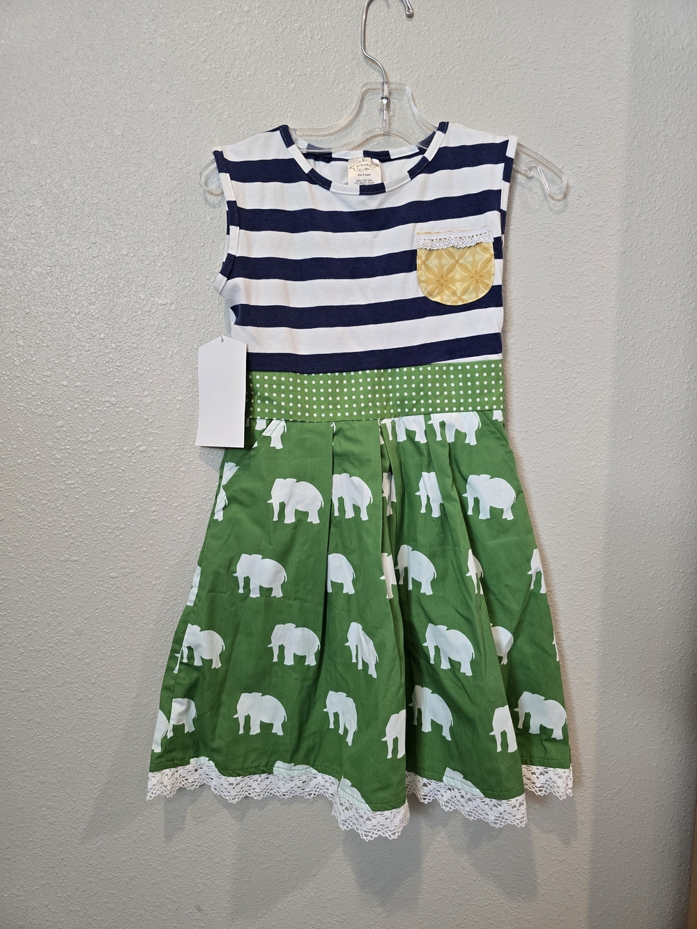 Persnickety Navy & White Striped Top with Green Elephant Skirt and Yellow Pocket